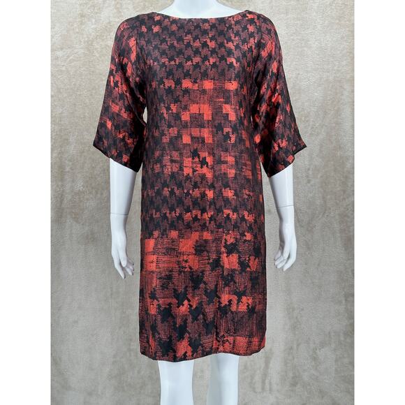 Hugo Boss Dress Womens 2 Black Orange Shift Houndstooth‎ 100% Silk Office Work - Picture 1 of 14